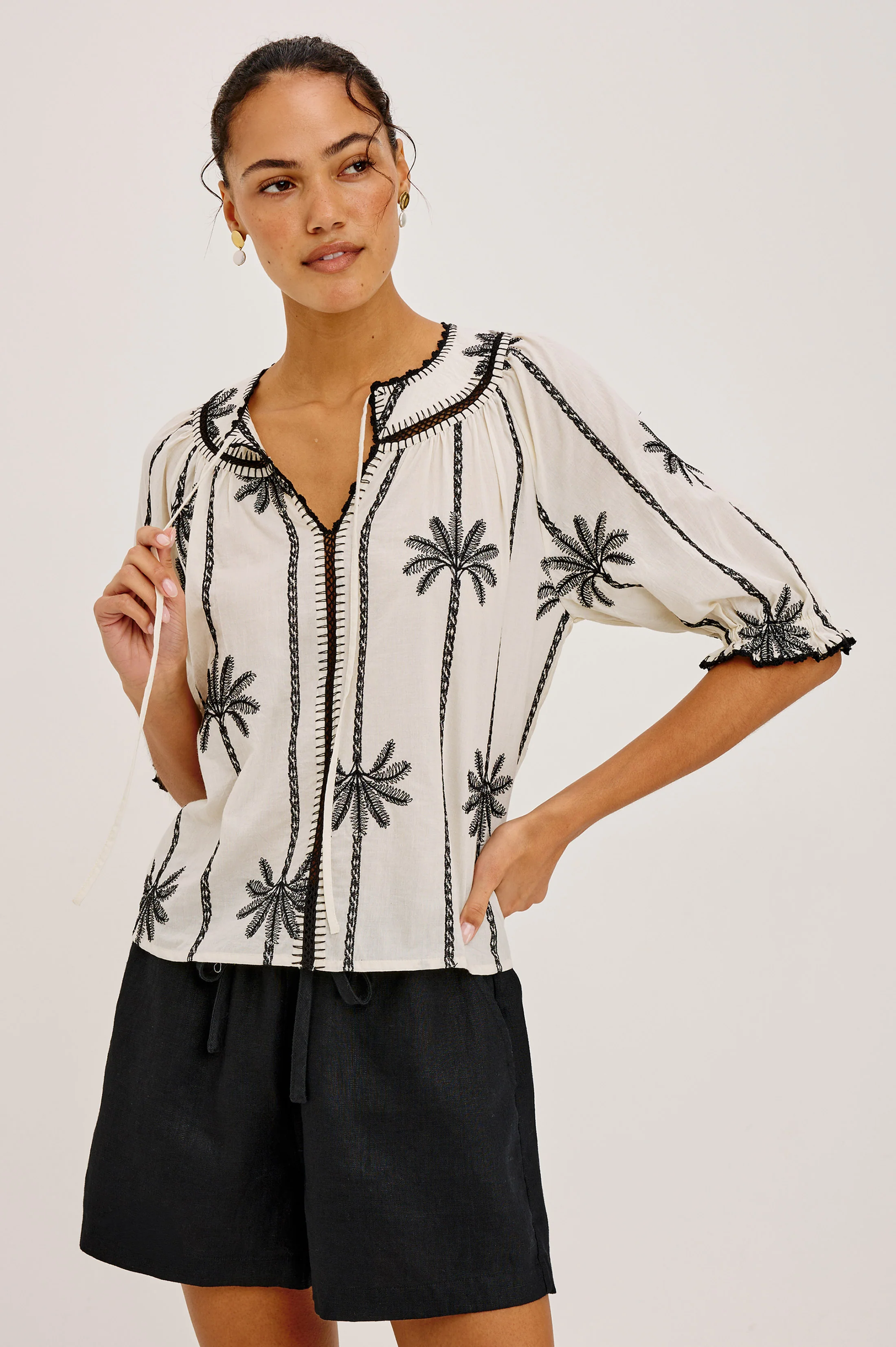 BELINA TOP - EMBROIDERED PALMS