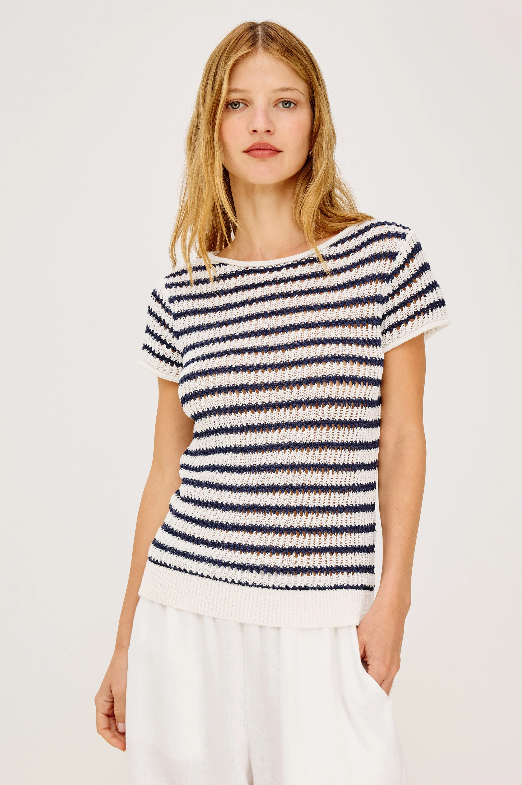 CADY TOP - IVORY INDIGO STRIPE